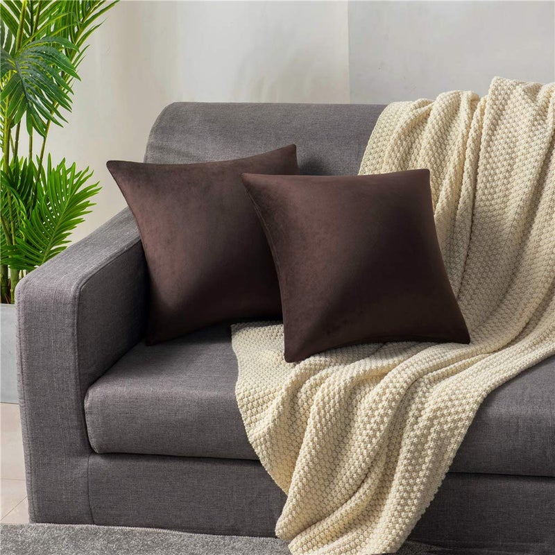 DEZENE Throw Pillow Covers 16x16 Chocolate Brown: Pack of 2 Cozy Soft Velvet Square Modern Luxury Decorative Throw Pillow Cases for Sofa Couch Living Room Bed Home Decor - Image 3